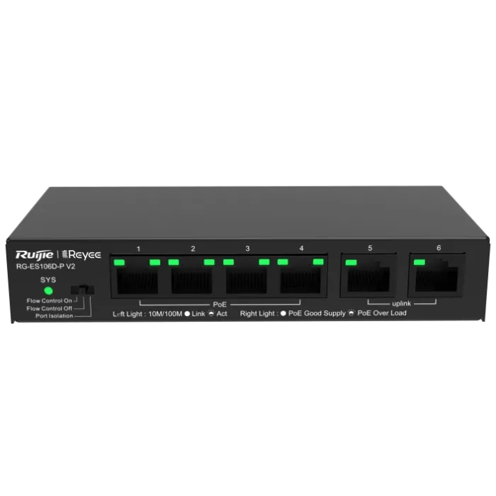 Комутатор 6 портів некерований Ruijie Reyee RG-ES106D-P V2 PoE